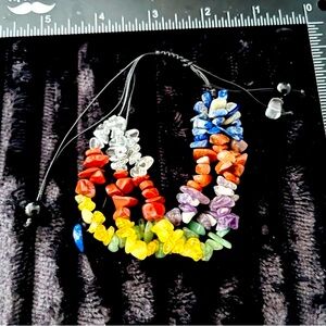 Multi-strand adjustable bracelet with rainbow chip gemstones
